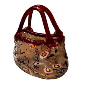 Murano Style Art Glass Millefiori Style Clutch Purse Vase Red Floral Decor